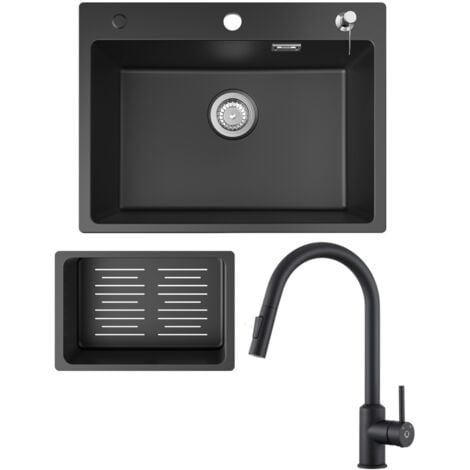 Fregadero de cocina fregadero de granito negro antracita 60x45 cm con dispensador de jabón + grifo de cocina extensible negro con 2 tipos de chorro alto 404 mm