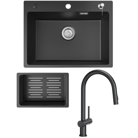 Fregadero de cocina fregadero de granito negro antracita 60x45cm con dosificador de jabón + grifo de cocina extensible negro con 2 tipos de chorro alto 425MM