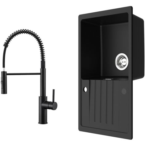 Fregadero de cocina fregadero de granito negro antracita 78x45 cm con escurridor + grifo de cocina con resorte negro con 2 tipos de chorro 480 mm