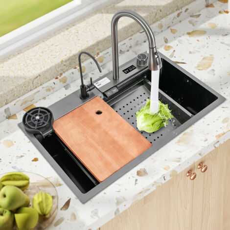 Fregadero de cocina grande con cascada y grifo extraíble 360°