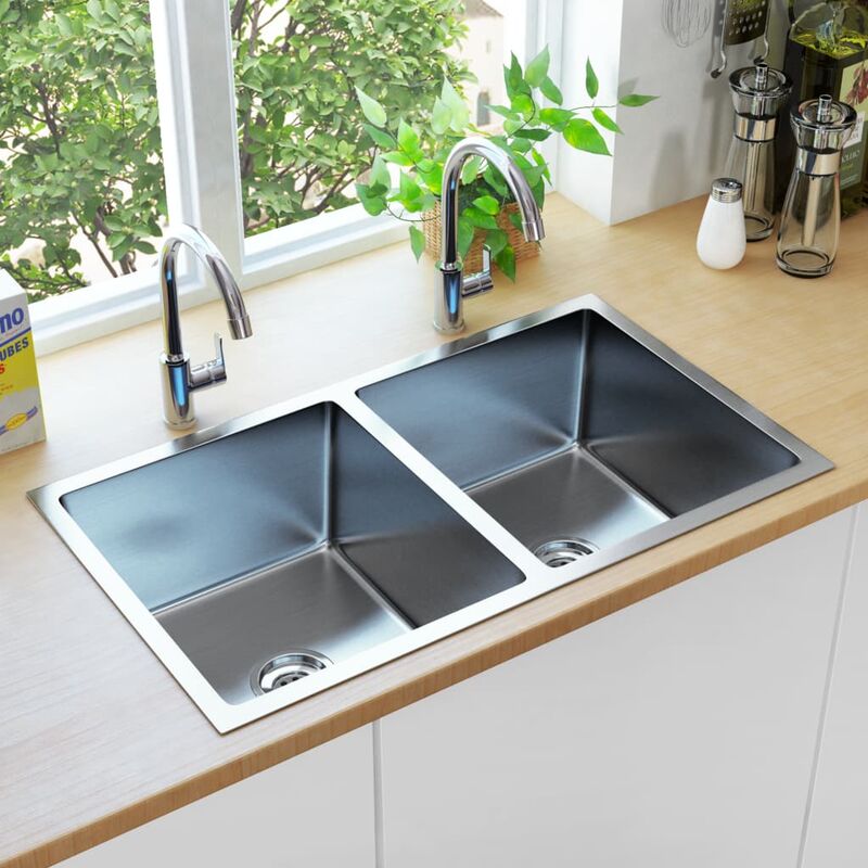 

Fregadero de cocina hecho a mano con colador acero inoxidable - Plateado