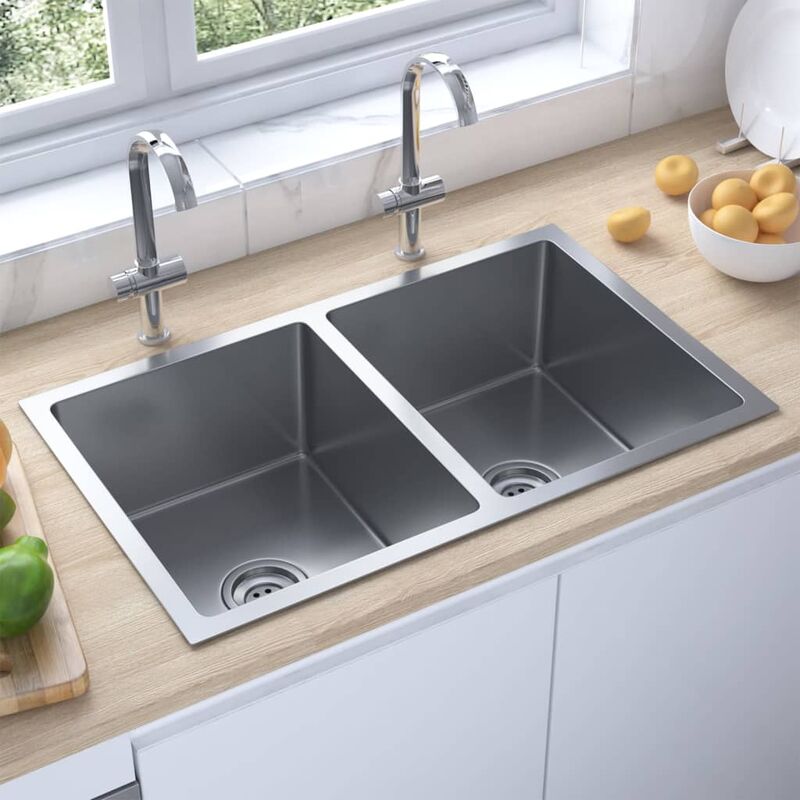 

Fregadero de cocina hecho a mano con colador acero inoxidable - Plateado