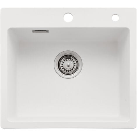 AURALUM MAX Fregadero de granito de 50 x 45 cm, fregadero de granito blanco, fregadero pequeño de cocina de granito, fregadero de encastre con sifón, desagüe y rebosadero