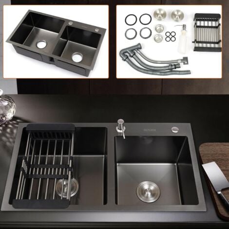 Fregadero doble de cocina en acero inoxidable 304 con escurridor, fregadero rectangular / fregadero doble 78 x 43 x 22 cm (L x A x A) Negro