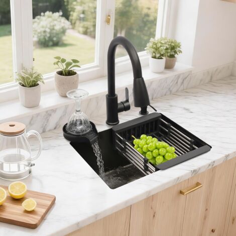 Fregadero empotrado 40x45 cm, fregadero de cocina, fregadero, fregadero multifuncional negro
