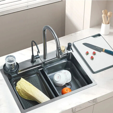 Fregadero multifuncional de acero inoxidable con efecto cascada, un seno grande, grifo integrado, dispensador de jabón, 60 x 45 cm - 003