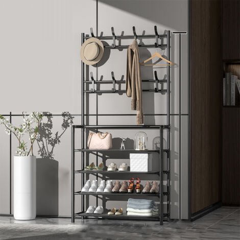 Freistehende Metallgarderobe, 80 cm, 4 Ebenen, schwarz, mit Doppelhaken und Schuhablage