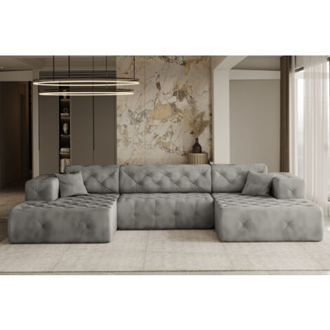 Freistehendes Ecksofa LUX, stark gesteppte U-Form, weicher, eleganter Stoff Whisper Silber
