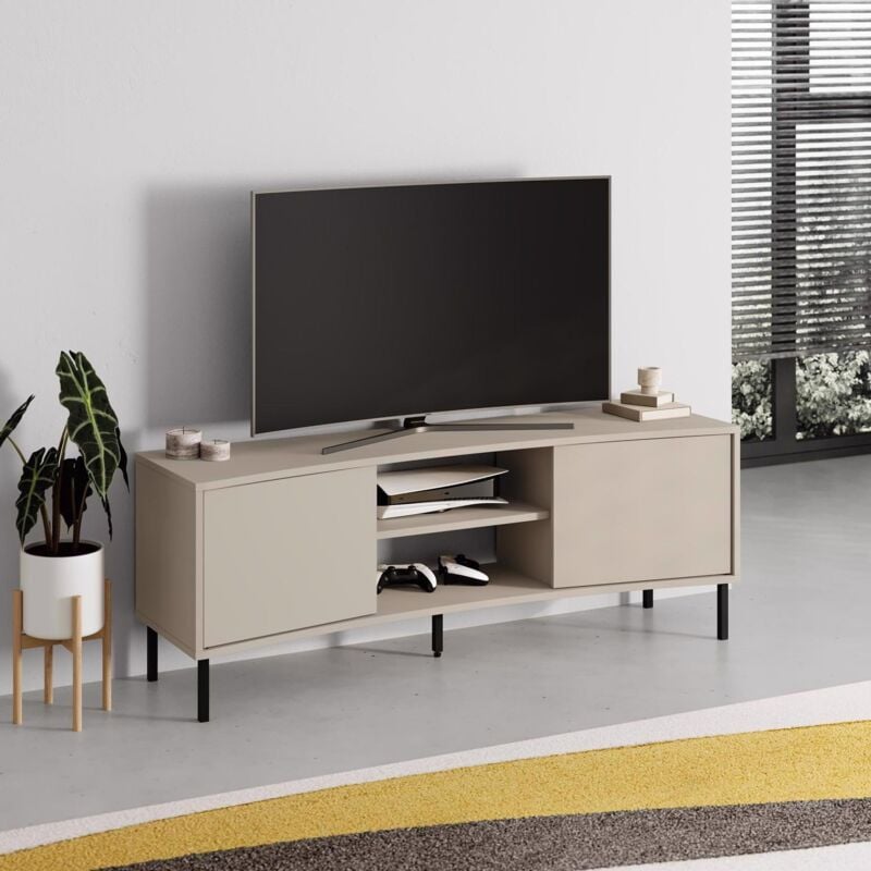 Fwstyle - Frem 2 Door tv Unit - Sandstone Curved Design with Black Metal Legs - Handleless Storage