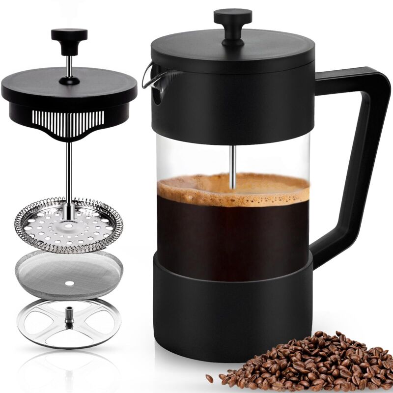 French Press Coffee Maker, 1000ml (5 Cups), French Carafe for Filter Coffee, Heat-Resistant Borosilicate Glass, Triple Stainless Steel Filters,