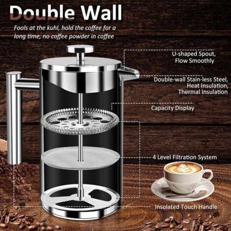 French-Press-Kaffeemaschine mit 2 wiederverwendbaren Edelstahl-Kaffeefiltern, 1 Liter (1000 ml)