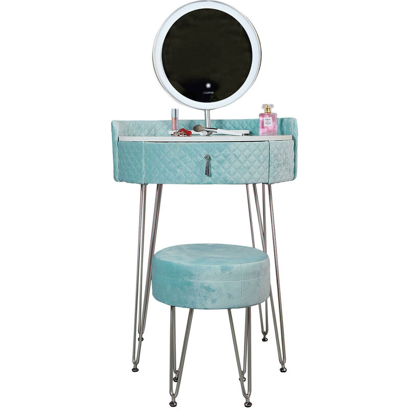 Carme Home - French Riviera Baby Blue Velvet Dressing Table with LED Touch Sensor Mirror