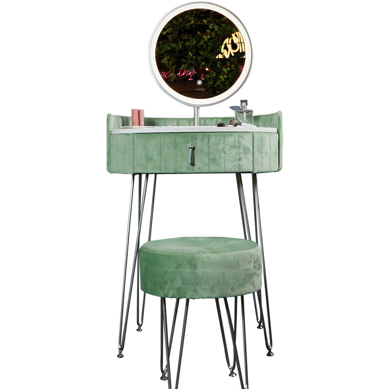 Carme Home - French Riviera Sage Green Velvet Dressing Table with LED Touch Sensor Mirror