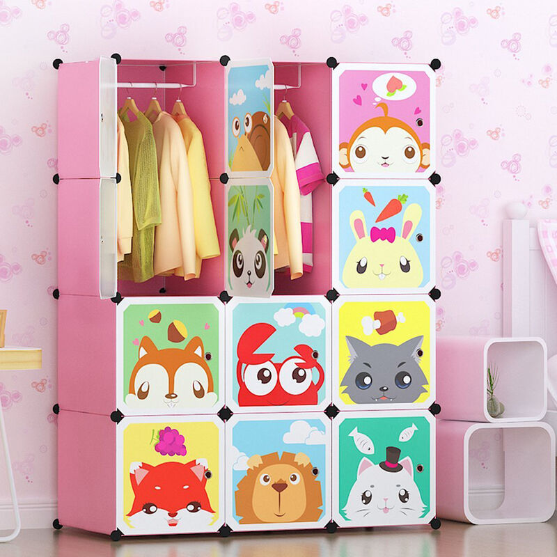 armoire chambre enfants penderie plastique rose 12 cubes meuble de rangement etagère vêtements chaussures jouets - freosen