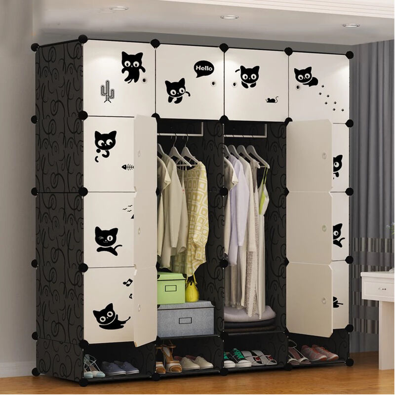 Freosen - Armoire de Chambre 16 Cubes + 4 Cubes Chaussures, Meuble Rangement Penderie Plastique 16 Cubes Modulables Noir Blanc