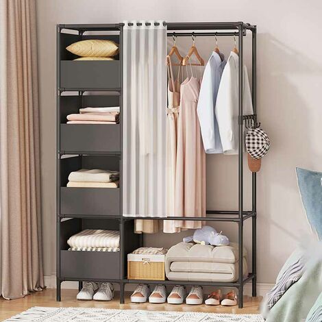 Freosen – Armoire de rangement penderie 170x105x45cm en noir – Métal résistant avec placage chromé – 4 étagères en tissu non tissé