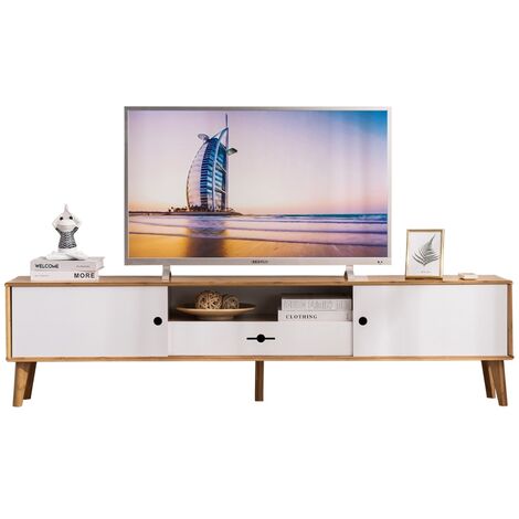 FREOSEN Meuble TV en Bois Bambou, Meuble de salon avec 2 Placards - 1 Tiroir - style scandinave 140 x 31 x 37.5 cm