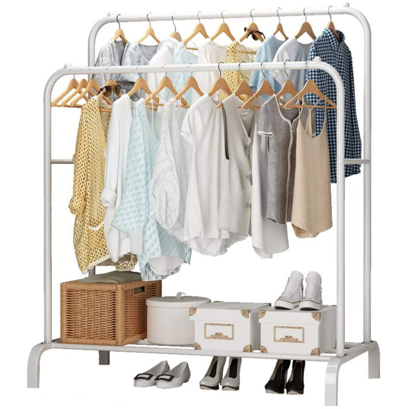 Porte Manteau Portant à Vêtements Penderie Cintre Tiges Double avec étagère de Rangement Chaussures Blanc 110x54x150cm