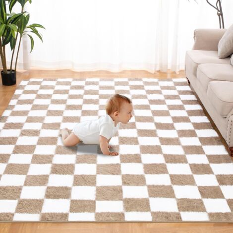 Freosen – Tapis shaggy 160 x 230 cm – Poils longs doux – Hypoallergénique – Confort et élégance pour salon et chambre – Couleur café et blanc