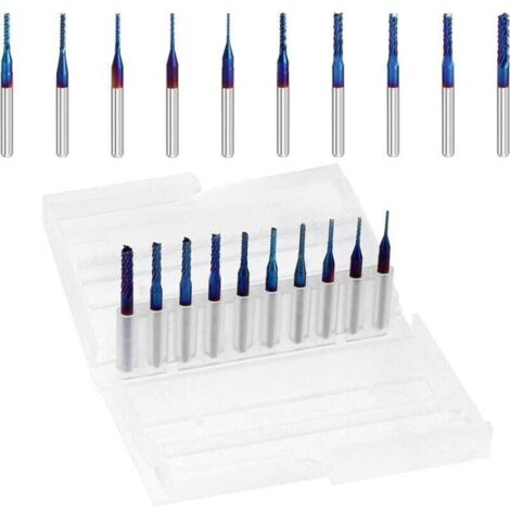 Fresa de extremo CNC con recubrimiento azul nano, vástago de 1/8", 0,8-3,75 mm, paquete de 10 para fibra de carbono, madera dura, PCB, SMT S