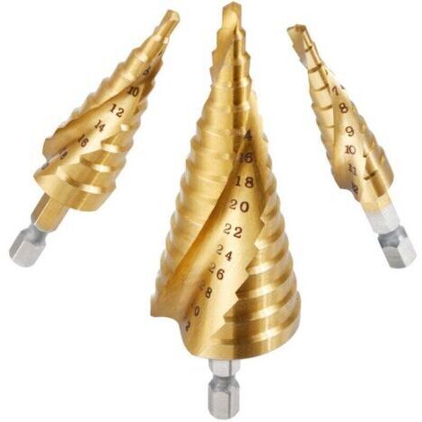 Fresa graduata trifase HSS-Super di acciaio inox, 4–12/20/32 mm, triangolare conica con rivestimento in titanio, gambo esagonale, per sfrese e perforazioni su acciaio, ottone, legno e plastica.