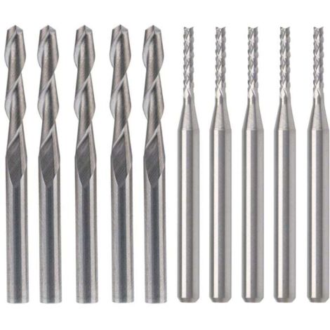 Fresas de carburo de tungsteno KZQ, 5 brocas de 1,5 mm y 5 herramientas para ranurar espirales de corte ascendente de punta plana de 1/8" y 3,175 mm