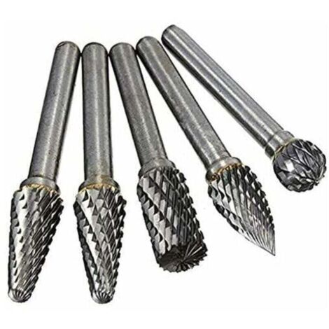 Fresas de diamante, 5 piezas, cabezal de vástago de 6 mm, carburo de tungsteno, juego de fresas rotativas de doble corte para carpintería, grabado, amoladora, tallado y fresado.