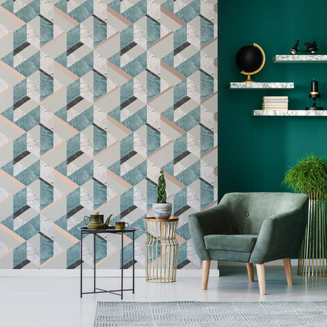 Fresco Jade/Rose Gold Marblesque Geometric Metallic Wallpaper (Was £14)