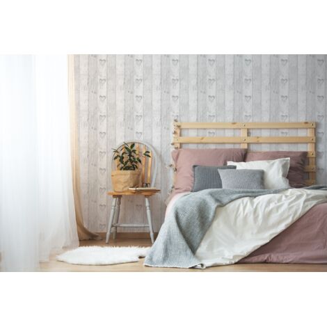Fresco Plank Love Heart Grey White Wallpaper Wood Paneling Carved Floral