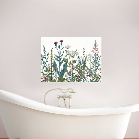 : Fresque adhésive carrelage 15x15 cm, 12 pièces, style herbier fleuri pour déco intérieure fraiche et végétale.