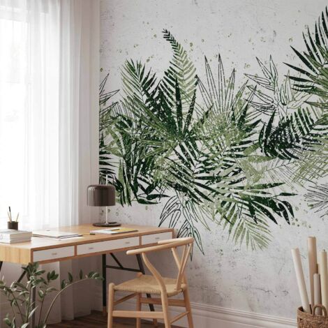 Fresque murale - Jungle et feuillage vert - grandes feuilles tropicales sur fond blanc