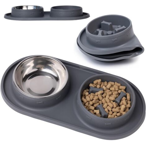 Fressnapf mit Anti-Fress-Funktion für Katzen und Hunde – Fördert die Verdauung – Edelstahlnapf und auslaufsichere Silikonmatte – Für kleine und mittelgroße Rassen