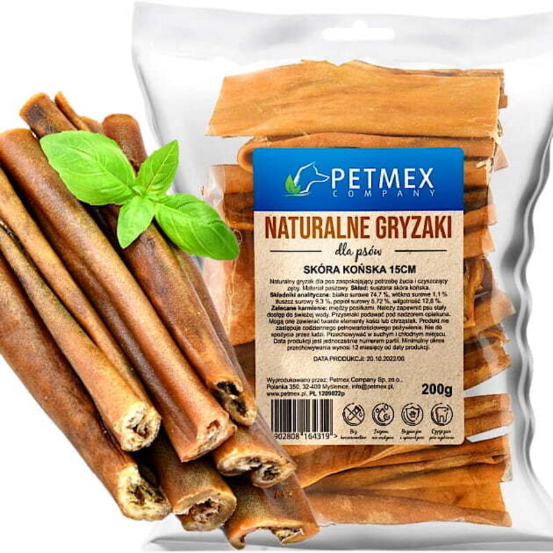 Friandise naturelle à mâcher pour chiens Peau de cheval séchée Petmex 15 cm, 200 g Friandise naturelle à mâcher pour chiens Peau de cheval séchée Petmex 15 cm, 200 g