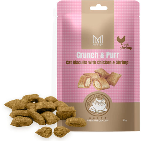 Friandises pour chats - Crunch & Purr : Biscuits au poulet et aux crevettes Mersjo 40 g