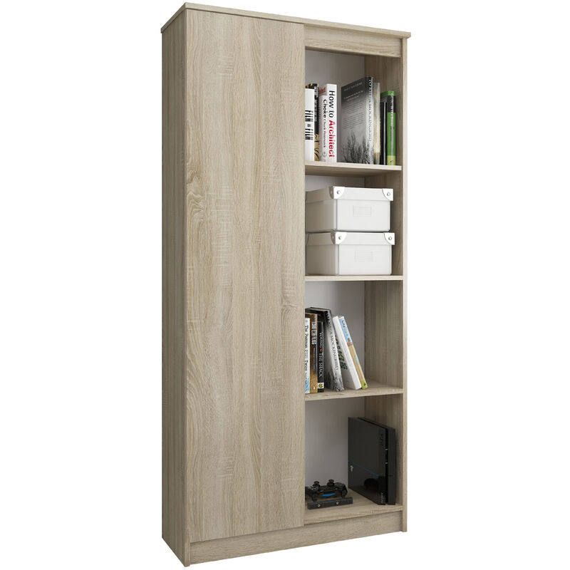 

FRIDA | Mueble de almacenaje multifuncional 180x80x35 cm | Librería moderna sala de estar sala de estar oficina 8 nichos 1 puerta - Sonoma