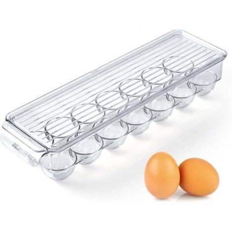 Fridge egg storage, 14-compartment egg storage container, plastic egg dispenser with lid, stackable transparent egg holder for refrigerator, 37 x 11 x 7.5 cm