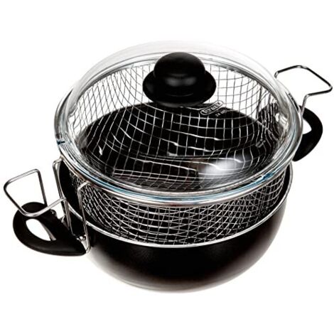 Friggitrice Ballarini da 24 cm con 2 manici, rivestimento antiaderente, coperchio in vetro e cestello in acciaio, colore nero, modello Firenze