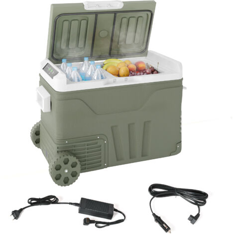 Frigo camping 33 L voyage plus frais réfrigérateur portable voiture 2 compartiments roues plastique vert