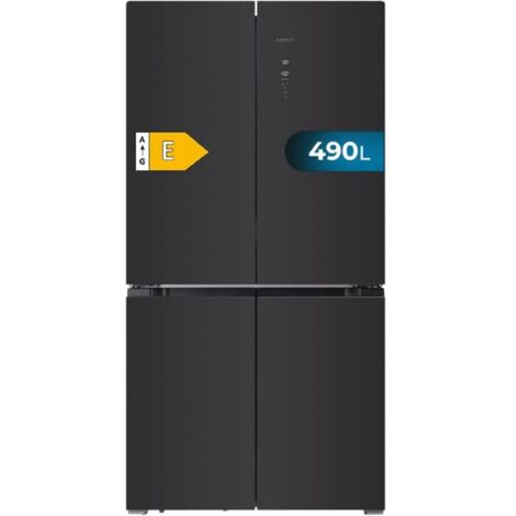 Frigorifero a 4 sportelli in vetro con grande capacità di 490 L, altezza 183 cm, larghezza 91 cm, classe energetica E e compressore Inverter Plus.