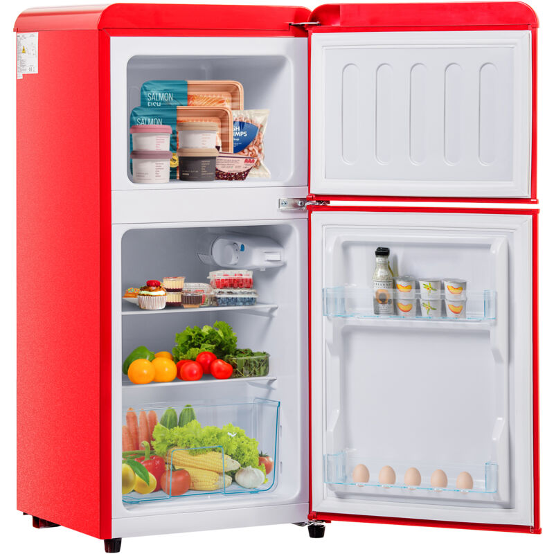 Frigorifero retrò rosso con illuminazione a led, congelatore combinato, 2 porte. 163 kWh/anno, -27°C ∽ 13°C, classe energetica premium rossa f