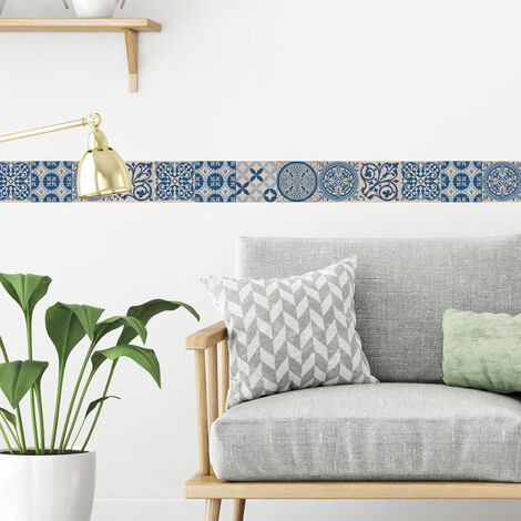 Frise adhésive 10 cm X 300 cm, carreaux de ciment bleu et beige, déco géométrique pour murs et sols, look rétro et moderne.