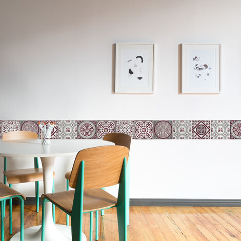 Frise adhésive 10 cm X 300 cm, carreaux de ciment rouges, formes géométriques décoratives. Décorez votre intérieur avec style 