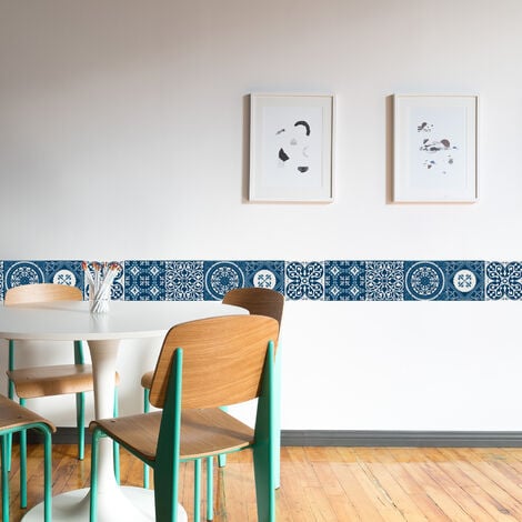 Frise adhésive 15x300 cm, déco murale intérieure, carreaux de ciment bleu. Décorez votre intérieur avec style - Bleu