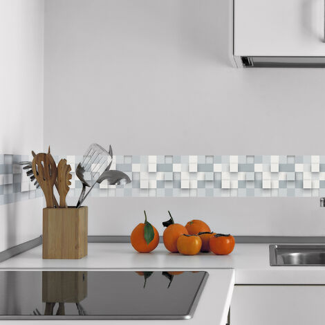 Frise adhésive 3D blanche 15x300cm - Déco autocollante effet mozaïque - Bogne - Autocollant mural décoratif pour intérieur - Gris / argent