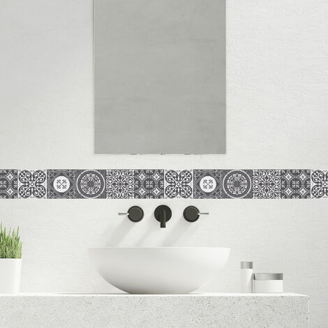 Frise adhésive autocollante 10 cm x 300 cm – Carrelage imitation carreaux de ciment gris – Vinyle 100% français – Installation rapide – Plage