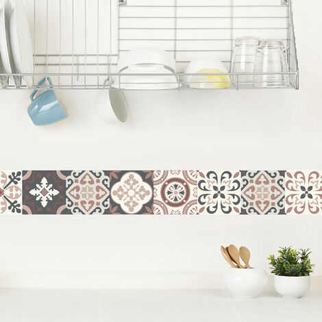 Frise adhésive décorative autocollante, borgatella tomette, motif de carreaux de ciment ancien dans les couleurs rosées, 15 cm X 300 cm - Rose