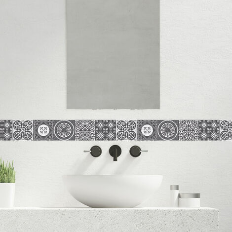 Frise adhésive décorative autocollante, frise adhésive carrelage carreaux de ciment gris, 10 cm X 300 cm - Gris / argent