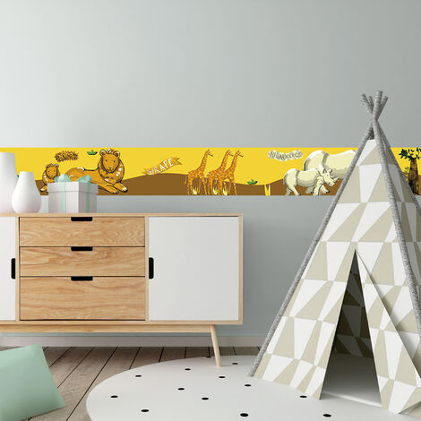 Frise adhésive décorative autocollante pour chambre d'enfant, motif de la savane, animaux de la jungle, 15 cm X 300 cm, jaune et marron.