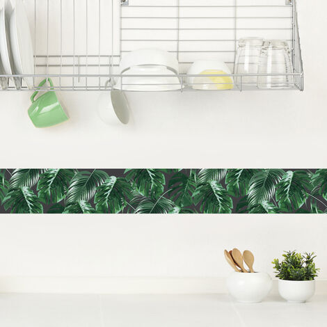 Frise adhésive décorative autocollante, tropical, feuilles verte sur fond noir, 15 cm X 300 cm - Vert