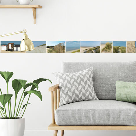 Frise adhésive Dunes, Mouettes et Cabines de Plage en Bois, 10 cm x 300 cm, Décoration Bord de Mer, 10 cm x 300 cm
